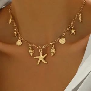 Collier Fonds Marins — Étoiles de mer, coquillages & conques tout dorés