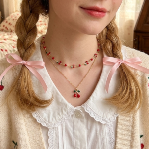 fille avec un collier breloque à l'esthétique Cherry girl coquette