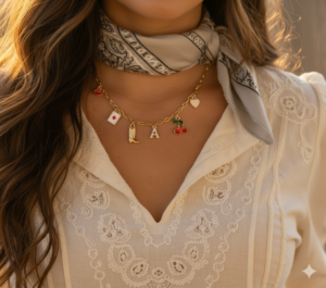 Femme qui porte un collier avec des charms et foulard
