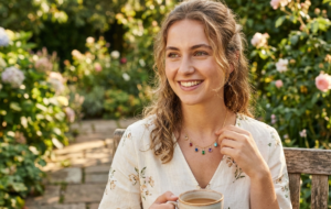 Jeune femme avec collier breloque pierres de naissance