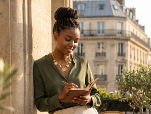 Jeune femme noire avec un collier breloques en Or