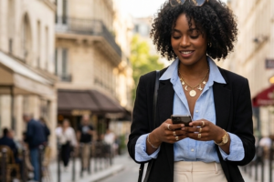 jeune femme avec chemise et collier breloque